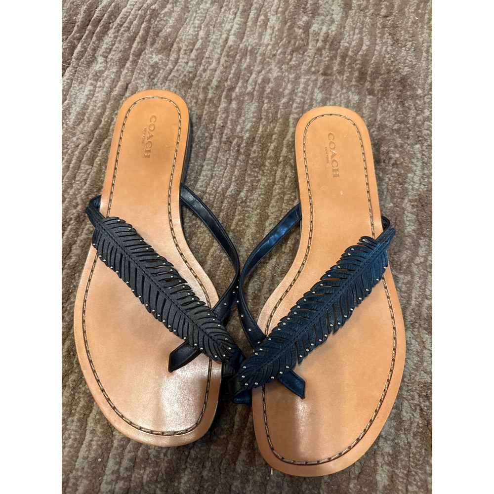 Coach Feather Thong Sandals Black Leather Flats Summer‎ Shoes 8.5 B
